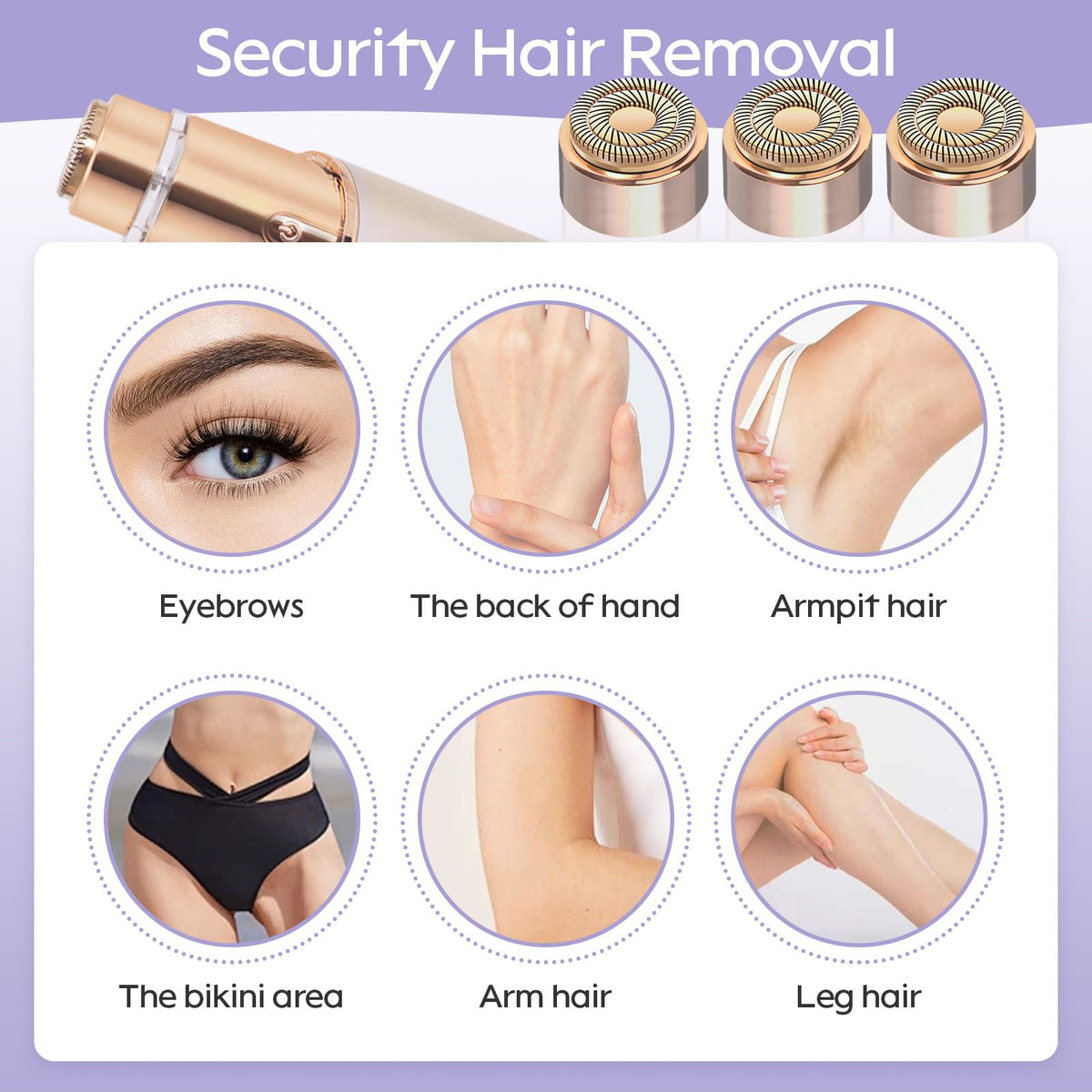 Side profile of hypoallergenic gold-plated facial hair remover replacement heads