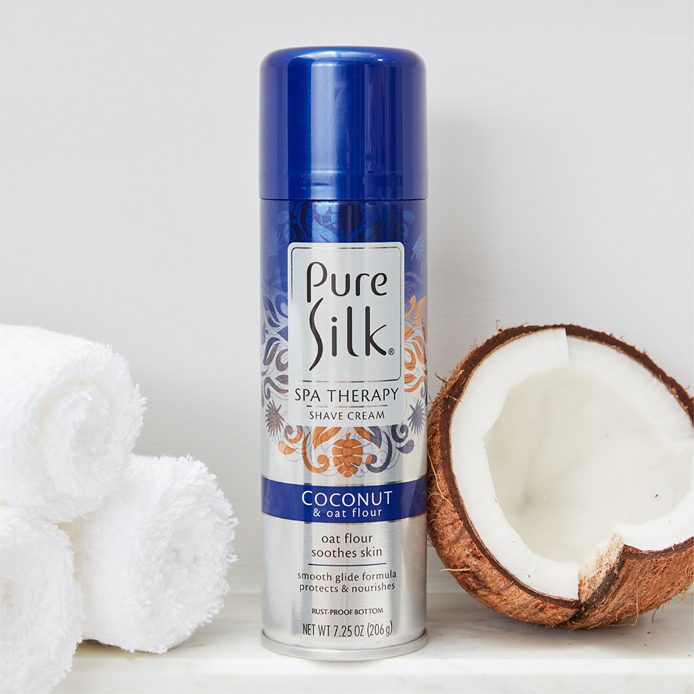 Pure Silk Coconut and Oat Flour can standing on a clean bathroom counter showcasing its protective packaging