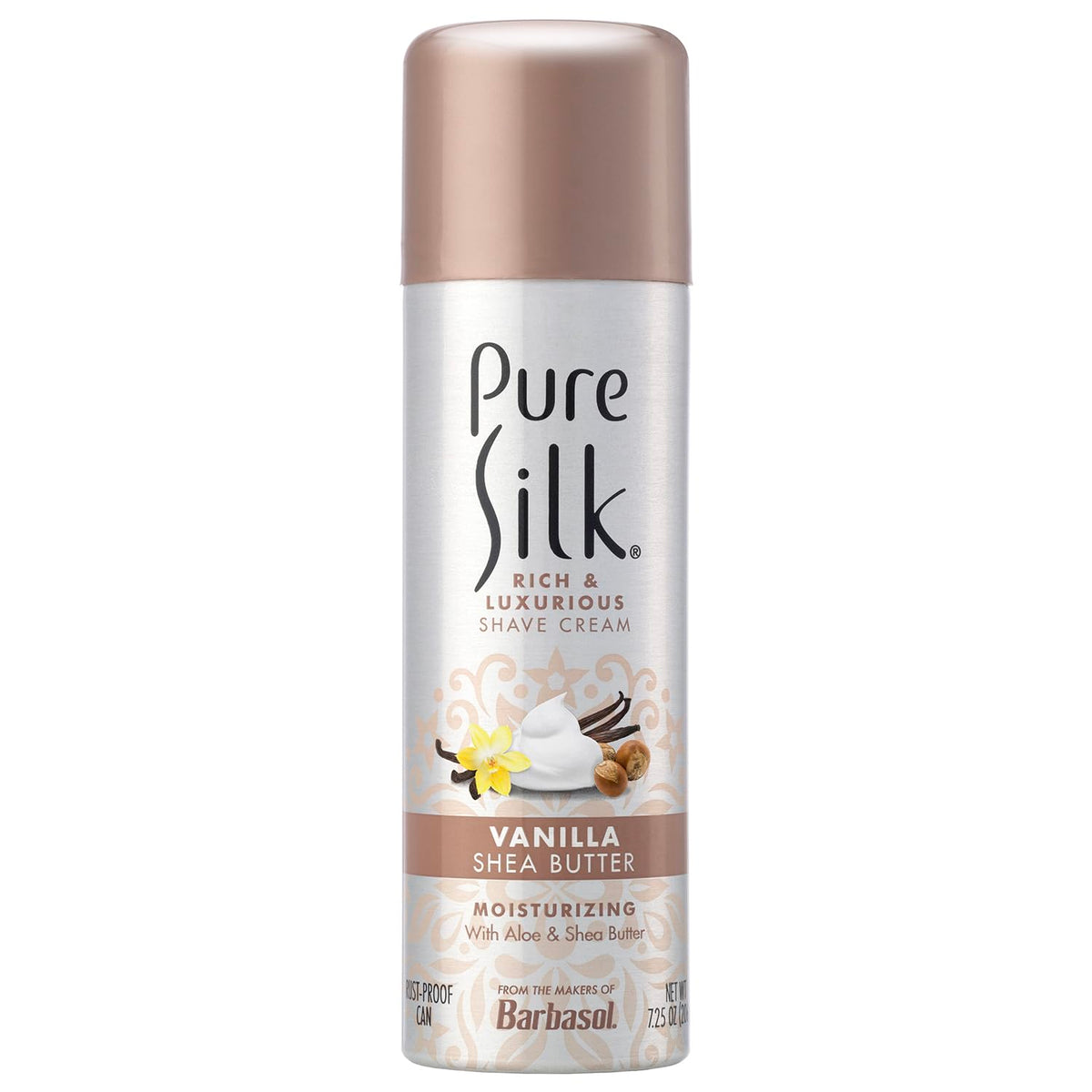 Pure Silk women shaving cream pack of 6 showing the rust proof aluminum bottom detail.