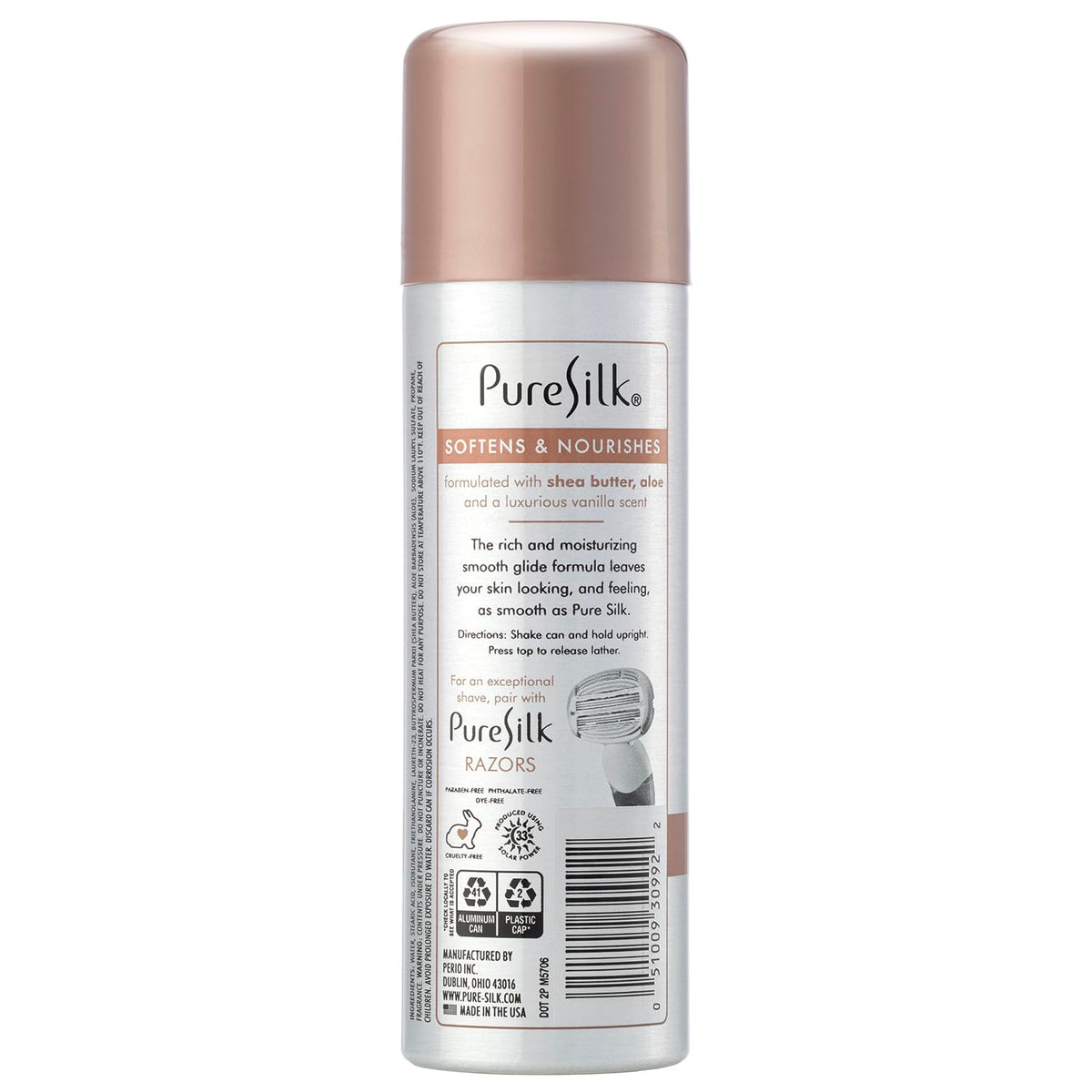 Pure Silk moisture rich shea butter and aloe shaving cream for smooth glide protection.