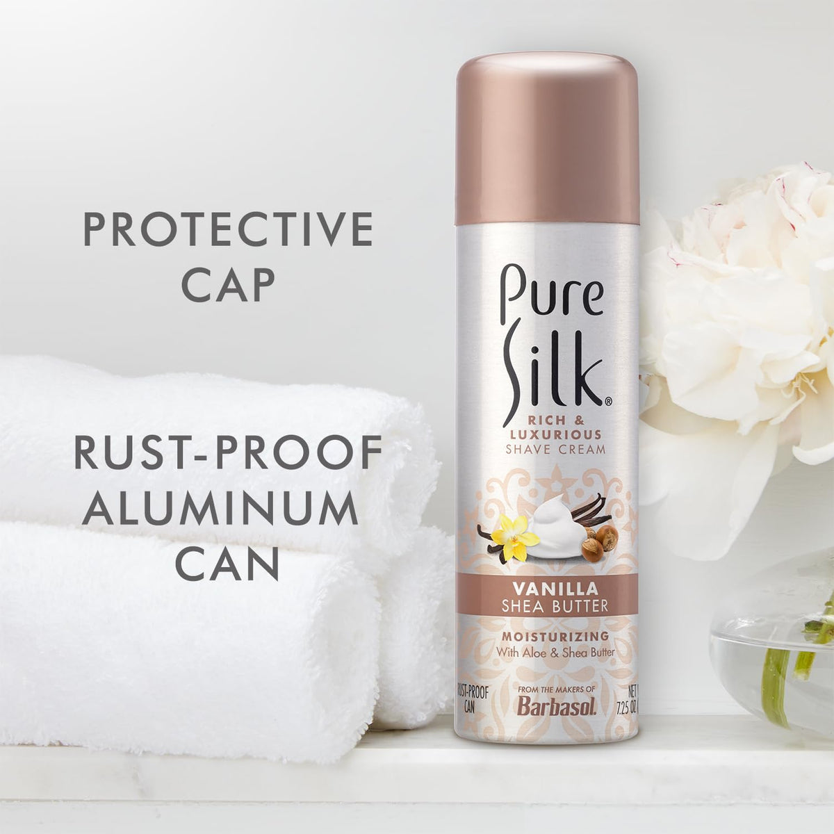 Close up shot of the paraben free Pure Silk vanilla shea butter shaving cream lather consistency.