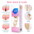 Painless depilatory cream packaging demonstrating bikini and private area application details.
