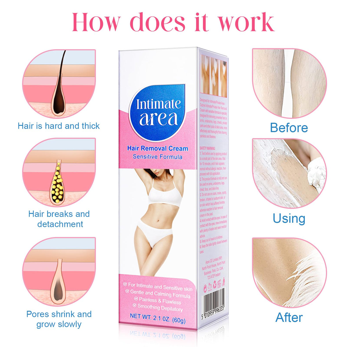 Painless depilatory cream packaging demonstrating bikini and private area application details.
