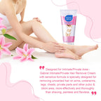Sensitive formula hair removal lotion showing included plastic scraping spatula helper tool.