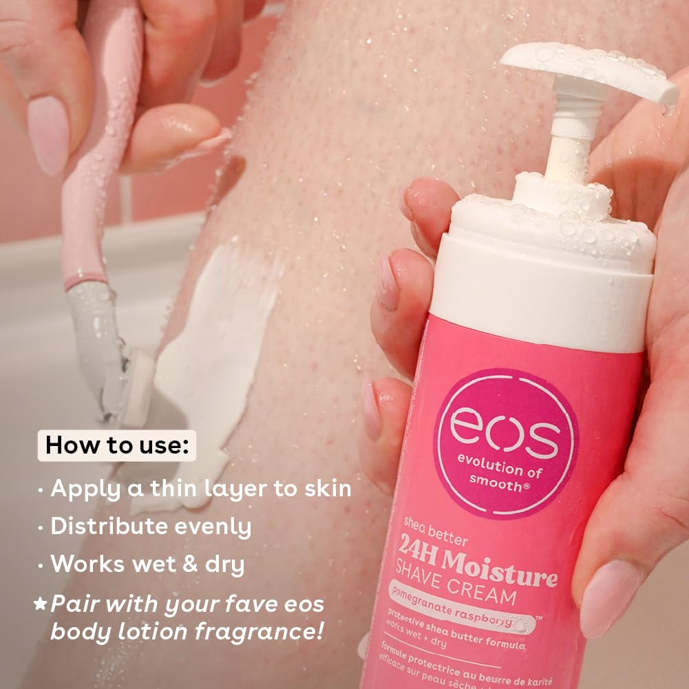 Close-up of the Eos 24 hour hydration moisturizing shave cream twin pack packaging details.