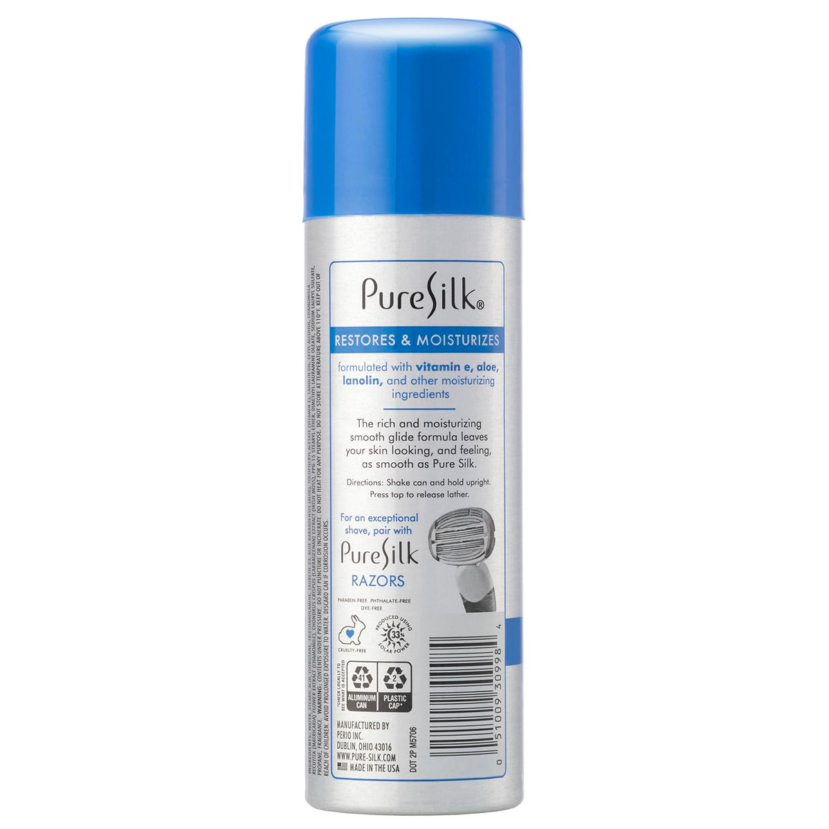 Pure Silk moisturizing women shaving cream pack of six showing the rust proof bottom design details.