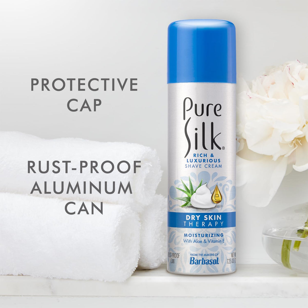 Pure Silk dry skin therapy premium shaving cream ingredients list and instructions label on back of the container.