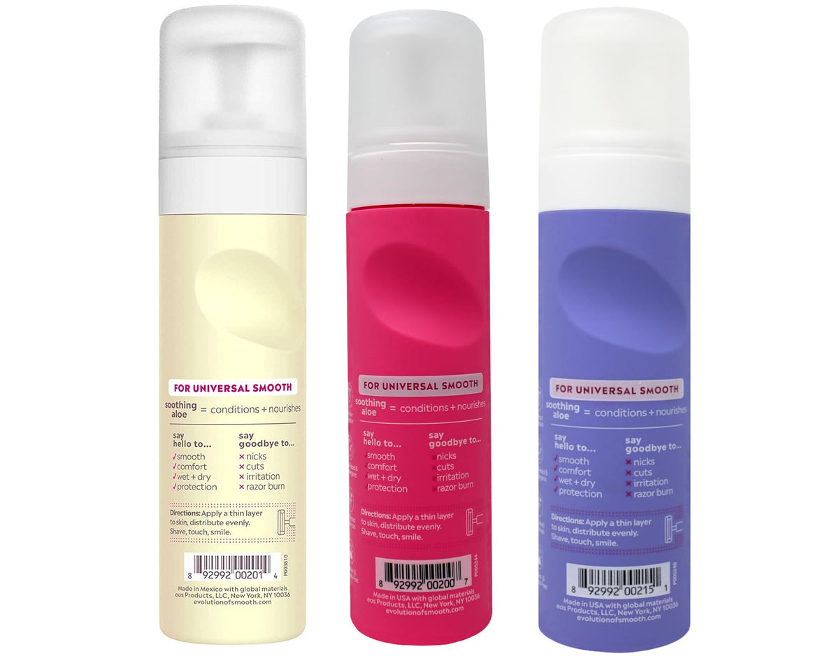 Detailed view of Eos Shea Better Shave Cream 3 Pack bottles