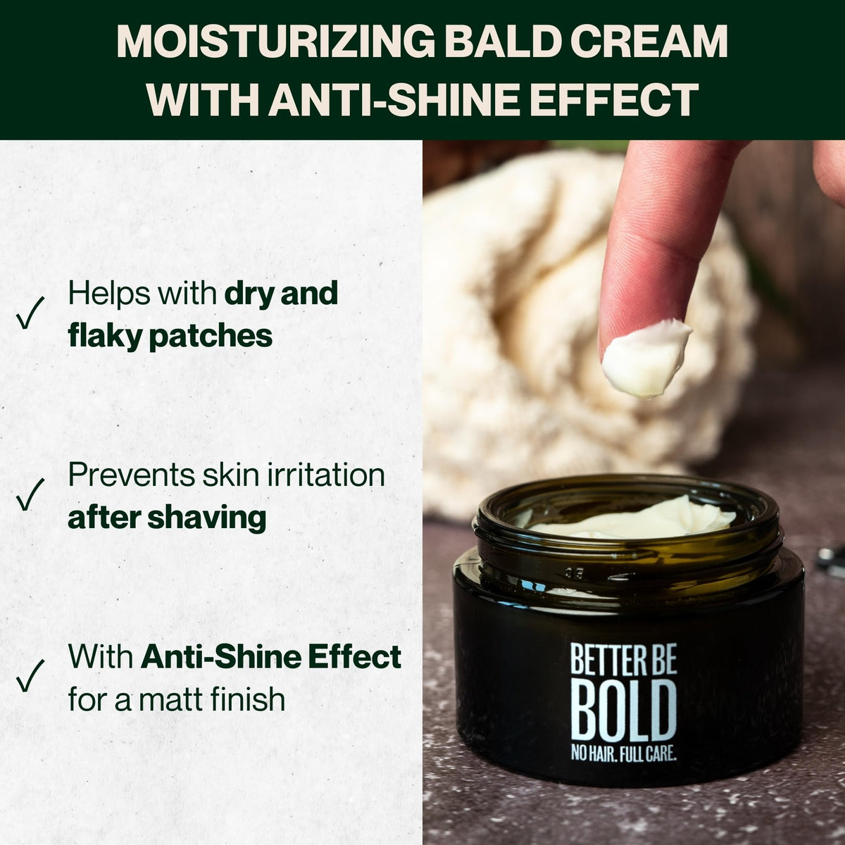 Texture shot of fast absorbing matte effect bald head moisturizer on fingertips