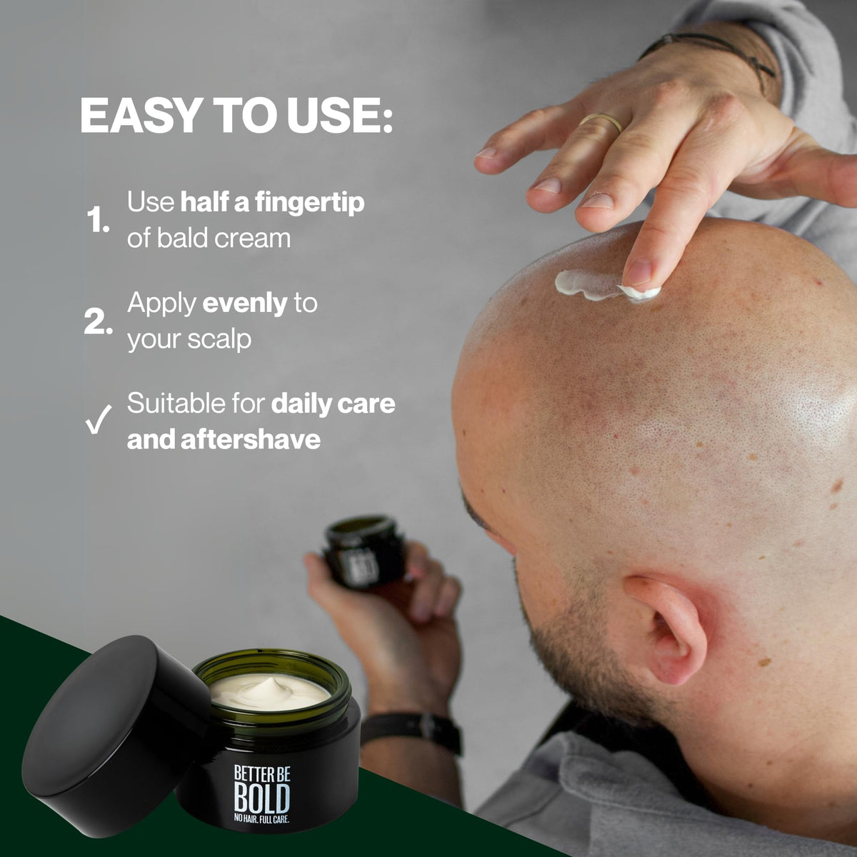 Non greasy anti shine bald head cream application demonstrating rapid absorption