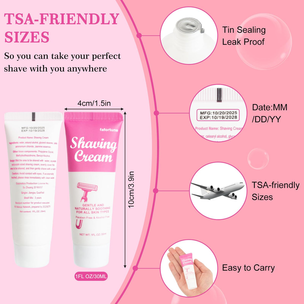 Compact travel size women's shaving gel tubes in jasmine scent highlighting the portable packaging.