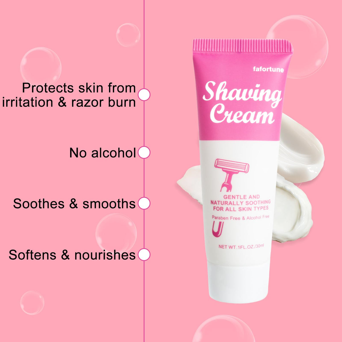Back label view of the alcohol free women's shave cream detailing instructions and key callouts.