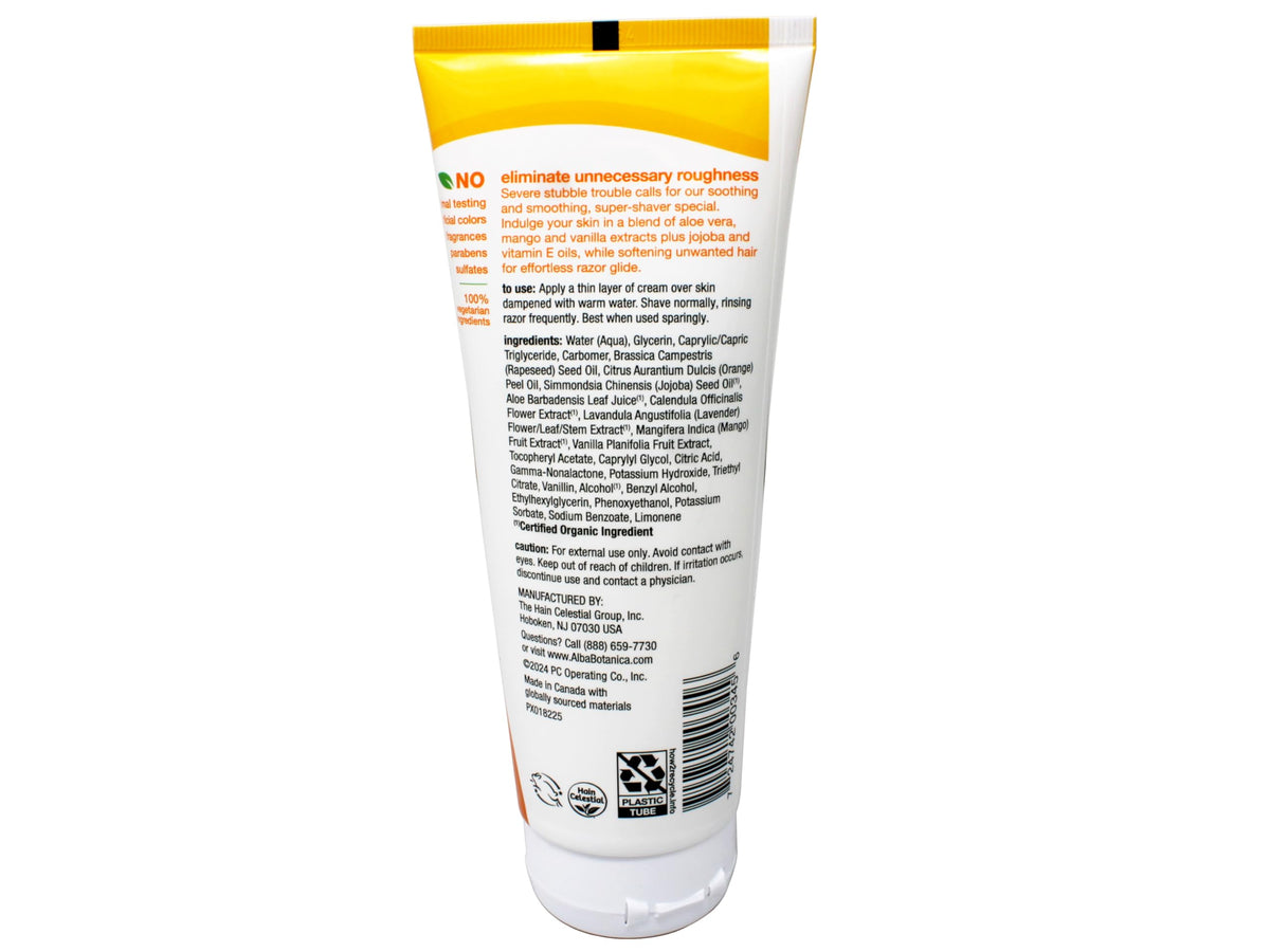 Two tubes of Alba Botanica Mango Vanilla cream shave placed together on a clean backdrop