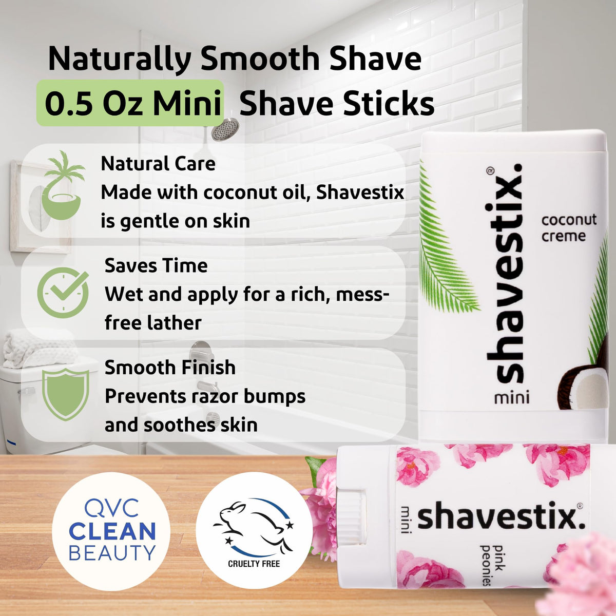 Shavestix Coconut Creme and Pink Peonies travel shaving bars showing compact packaging.