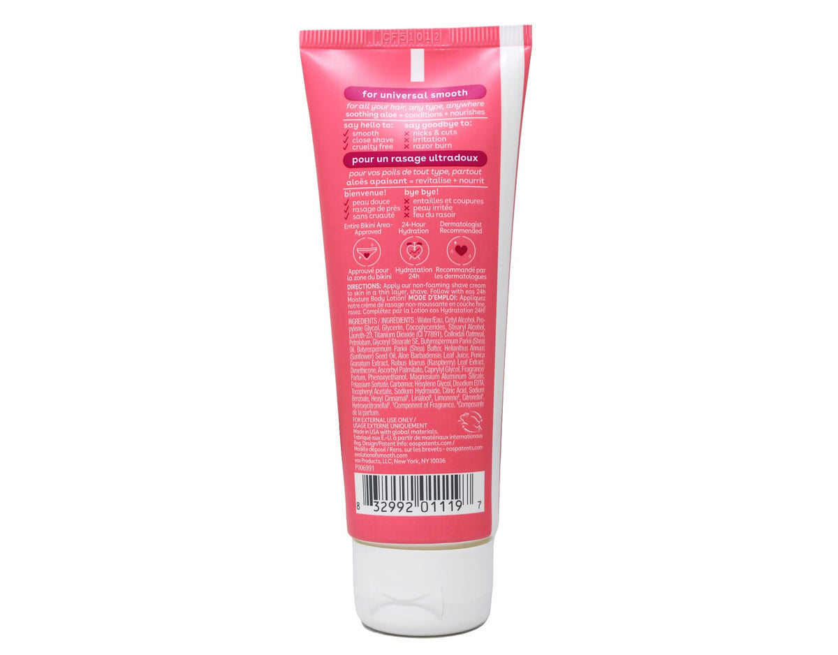 Eos travel size shaving cream for sensitive skin showing product labels and benefits
