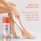 Pure Silk spa therapy shaving foam container highlighted against a clean lifestyle bathroom background