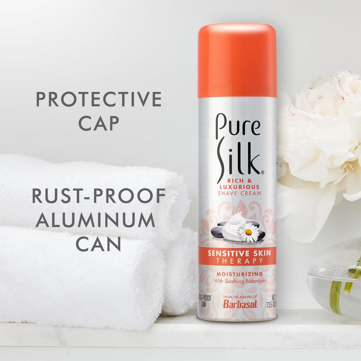 Top view of the dispensing nozzle on the Pure Silk women shaving cream can designed for rich lathering