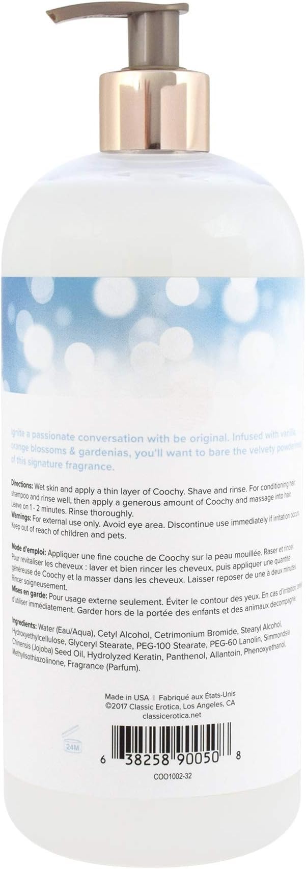 Coochy anti bump shave conditioner product details and ingredient list on the back of the bottle
