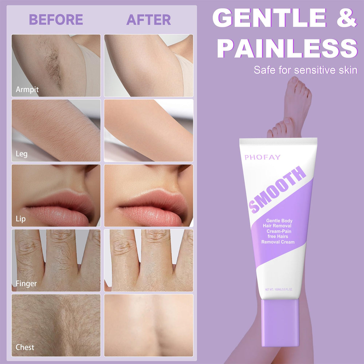 PHOFAY hair removal cream with aloe vera and hyaluronic acid ingredient highlights