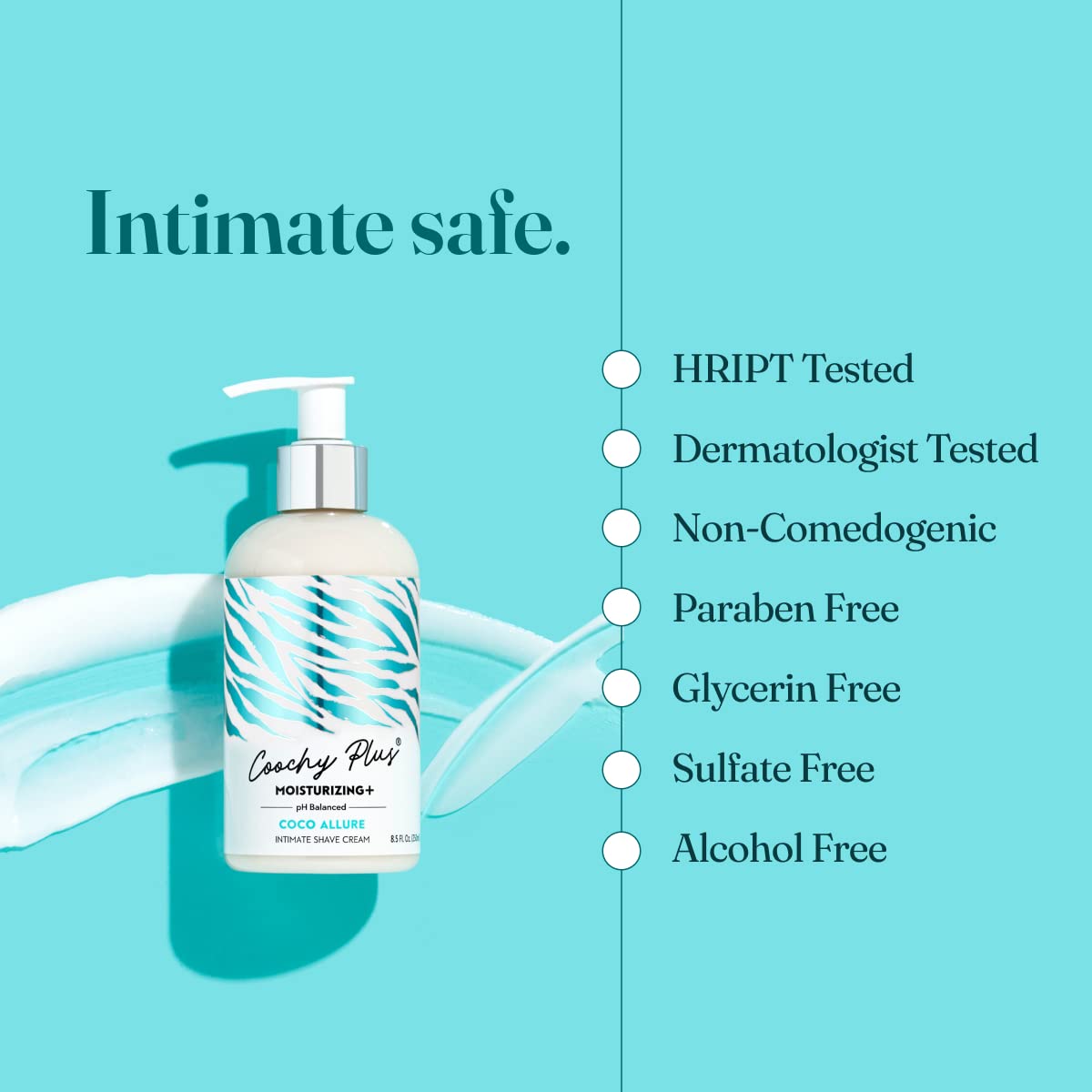 Close-up of the IntiMD Coochy Plus patent-pending moisturizing formula logo on the bottle
