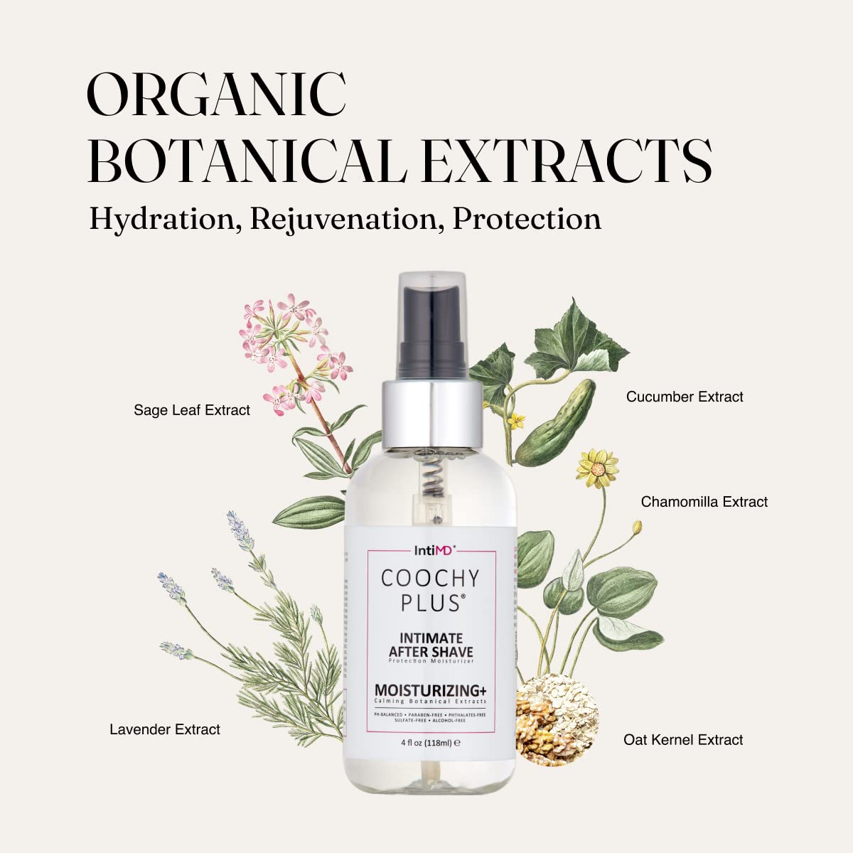 IntiMD Organic After Shave Protection Soothing Moisturizer Mist bottle highlighting antioxidant formula