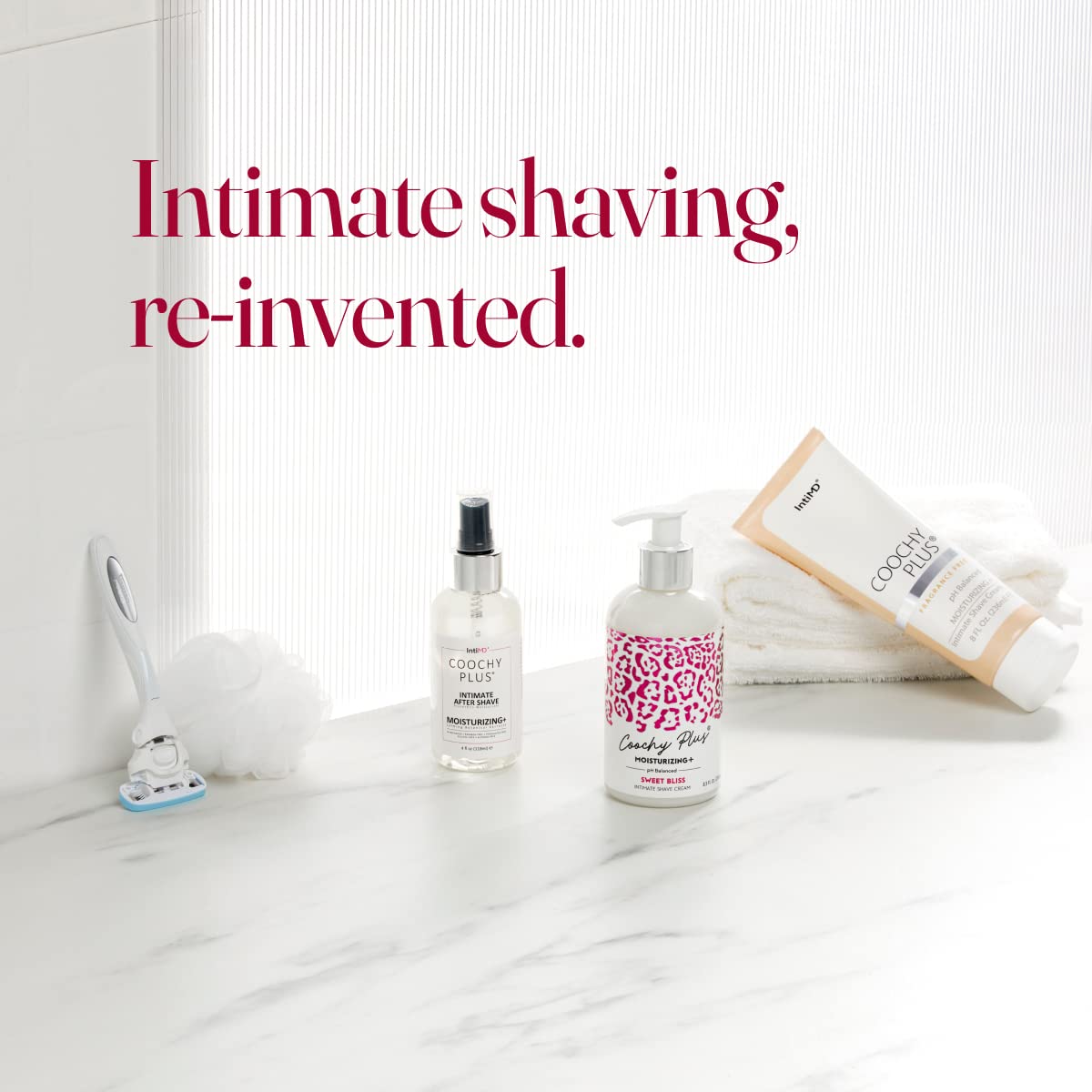 Complete two piece IntiMD Coochy Plus bikini line protection kit for preventing ingrown hair
