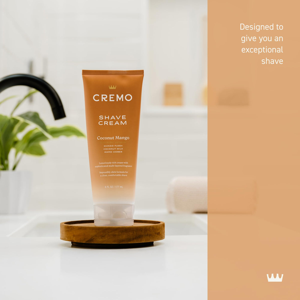 Cremo moisturizing shaving cream tube showcasing coconut mango variant details