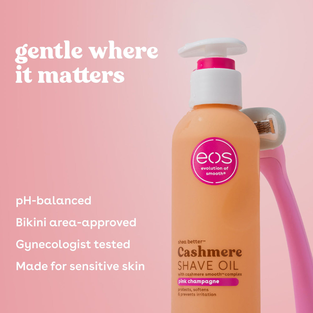 Eos Cashmere Shave Oil Pink Champagne bottle side profile