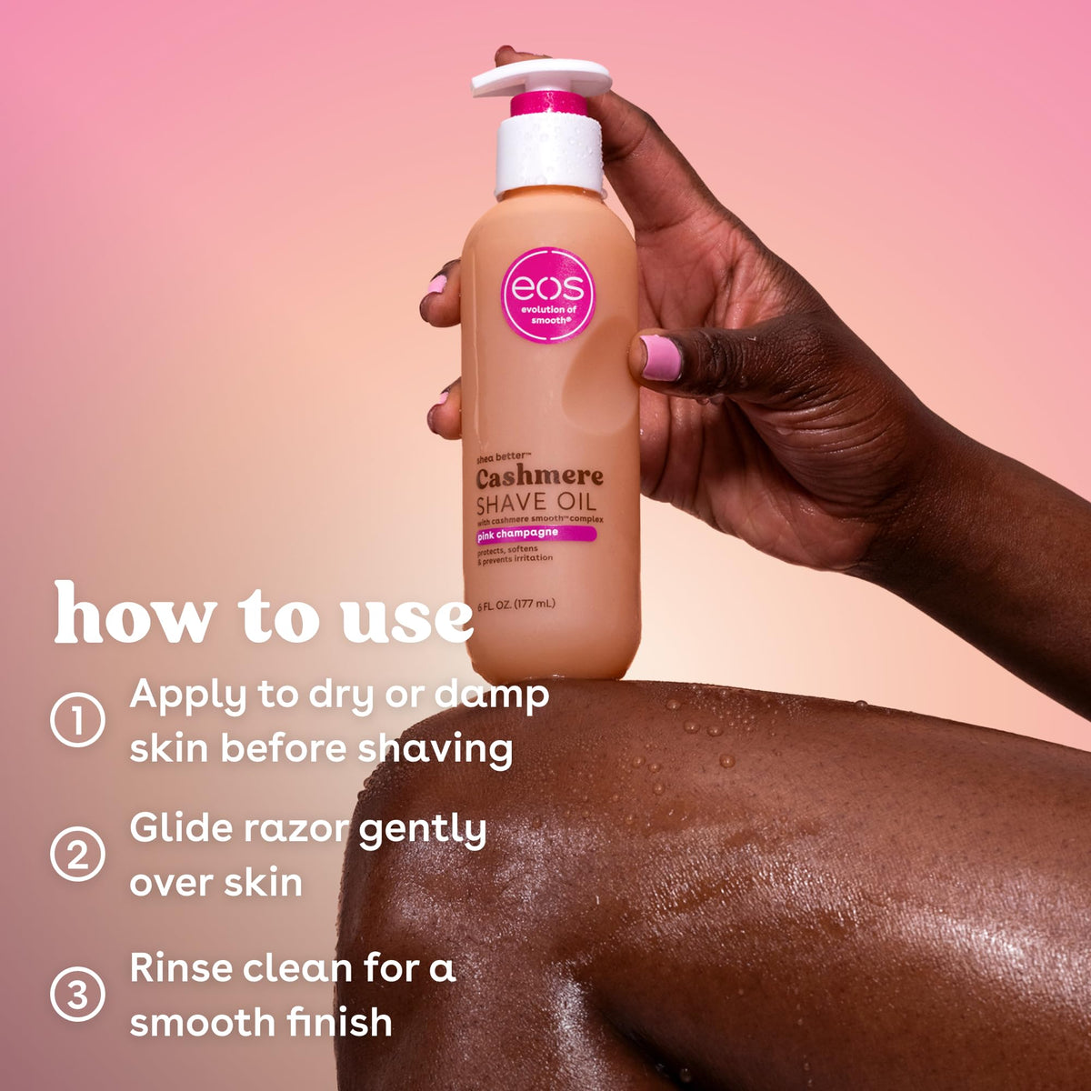 Eos Cashmere Shave Oil Pink Champagne packaging details