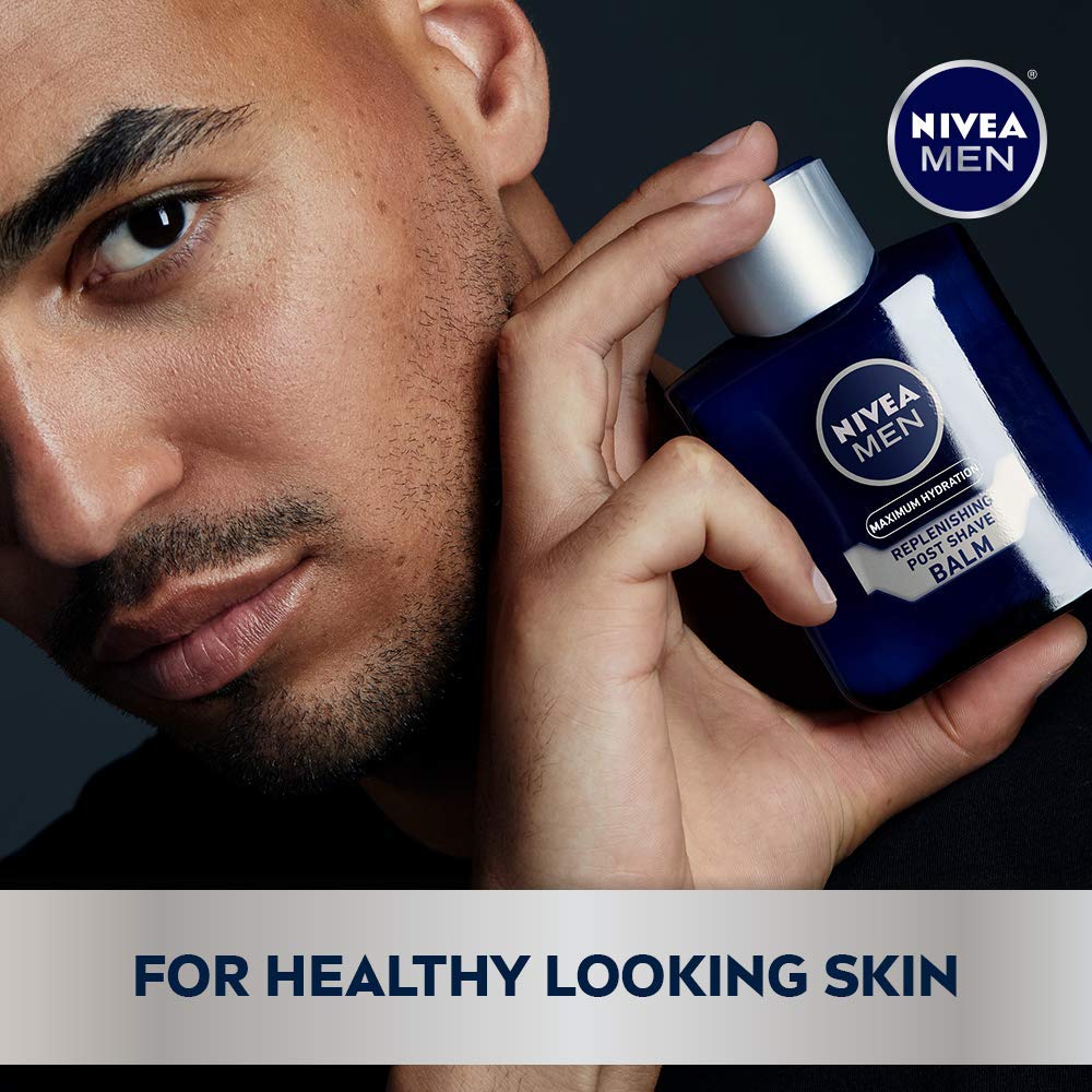 Imported Nivea Men moisturizing post shave balm bottle packaging graphics close up