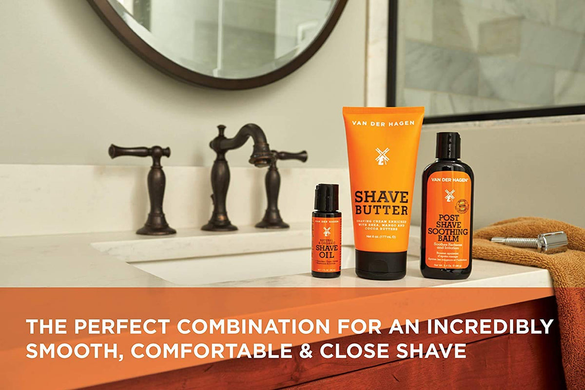 Van Der Hagen moisturizing post shave finish balm packaging details.