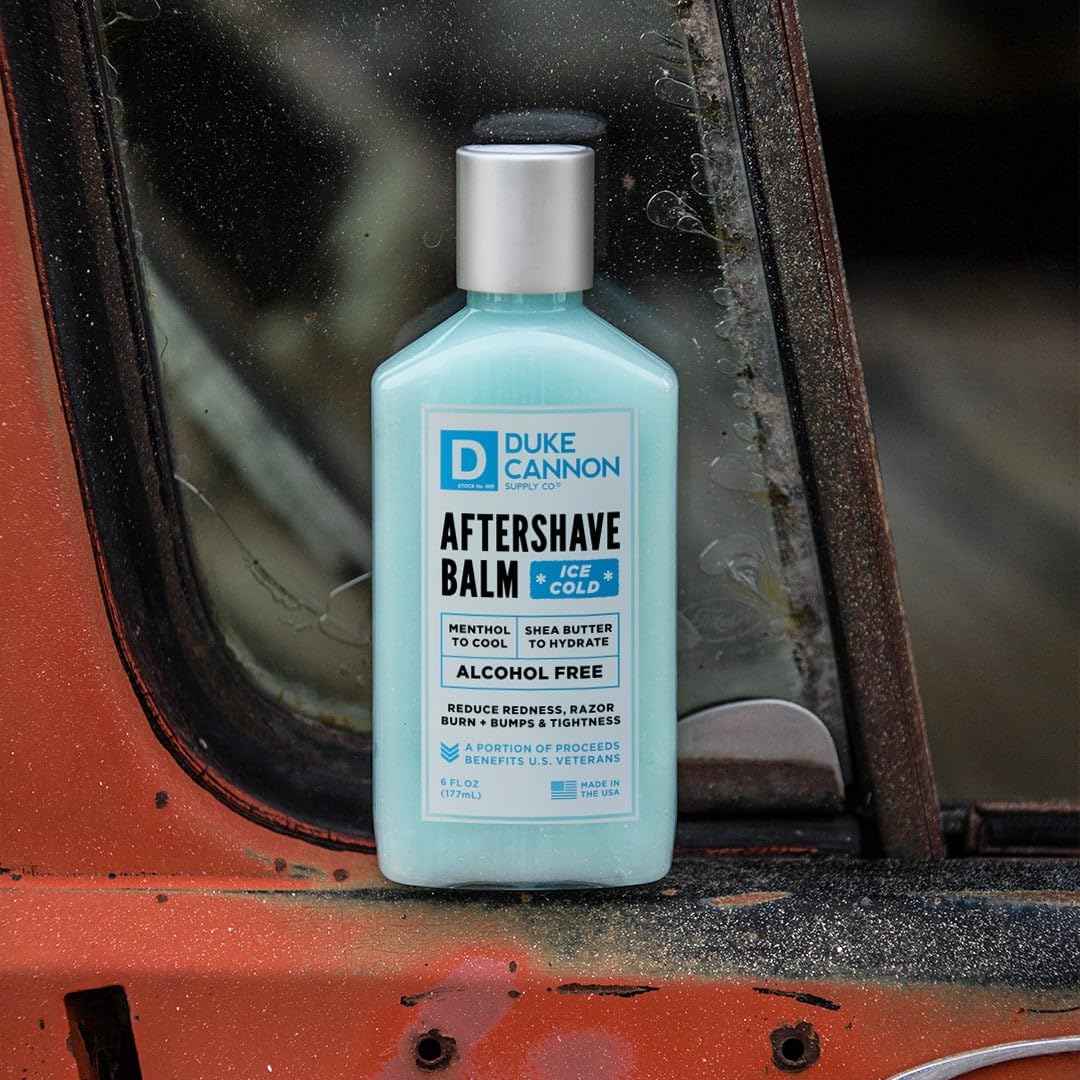Duke Cannon Supply Company alcohol free post shave balm packaging showing cooling menthol ingredients.