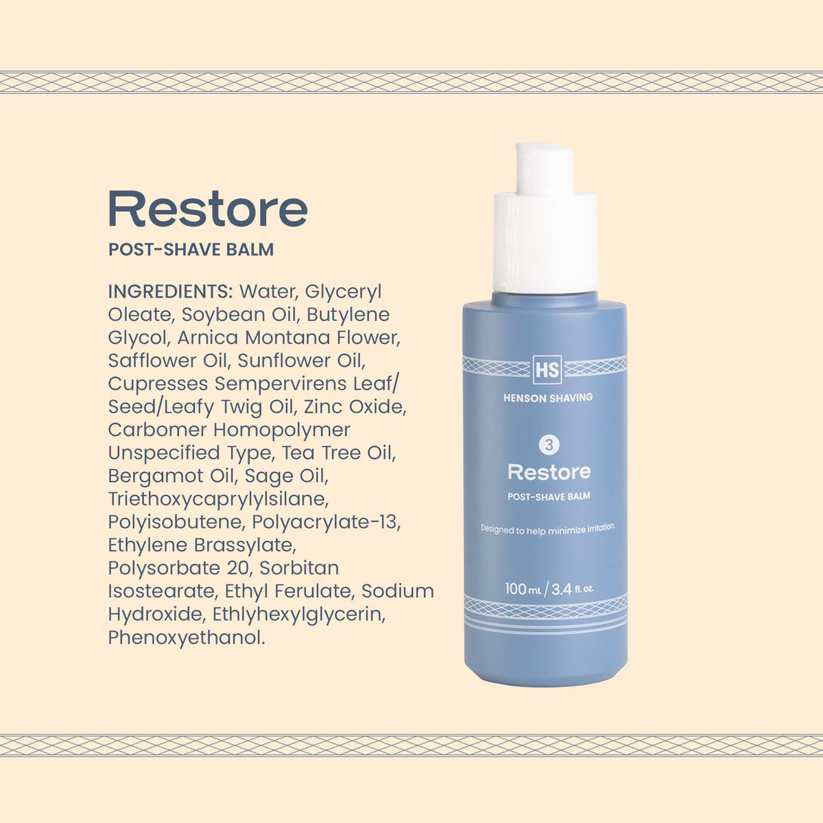 Henson Shaving Restore Balm 100ml bottle for soothing razor burn irritation