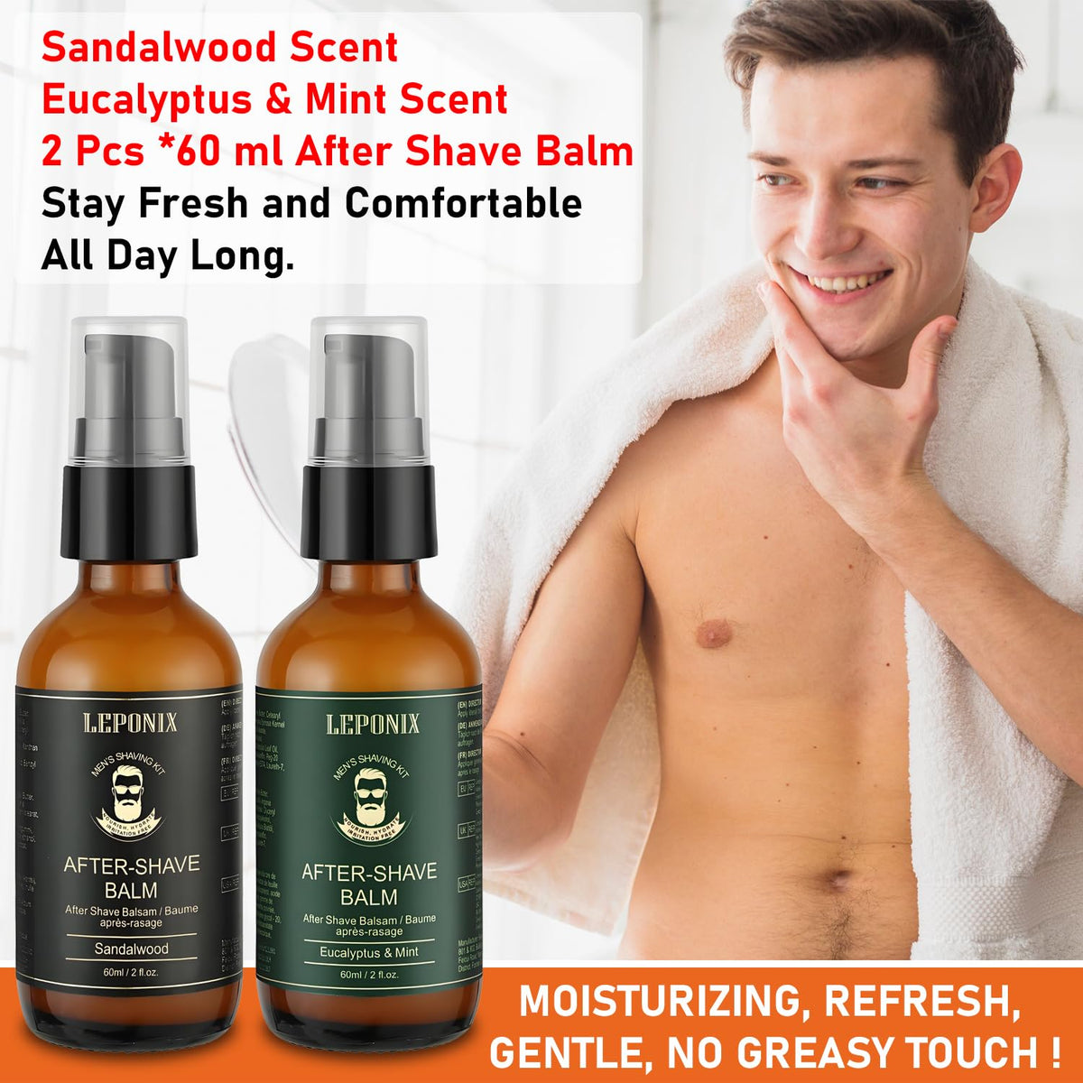 LEPONIX luxury aftershave lotion in Sandalwood scent for post shave hydration.