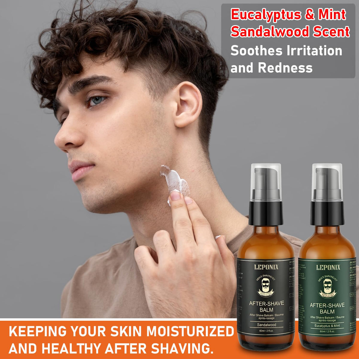 LEPONIX Eucalyptus and Mint post shave balm for instant cooling relief.
