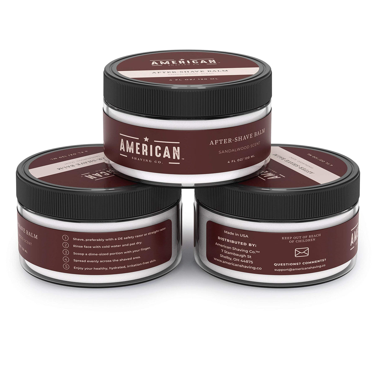 Natural ingredient aftershave cream container with aloe vera and vitamin E elements.