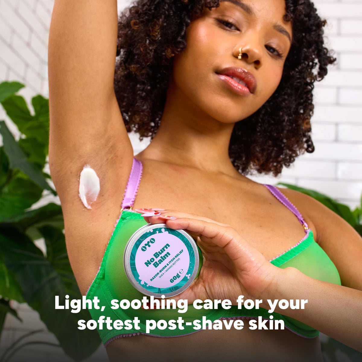 Dermatologist tested OYO intimate balm packaging highlighting external use instructions for bikini line.