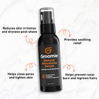 Groomie aftershave serum pump bottle illustrating the easy application process for head and face.