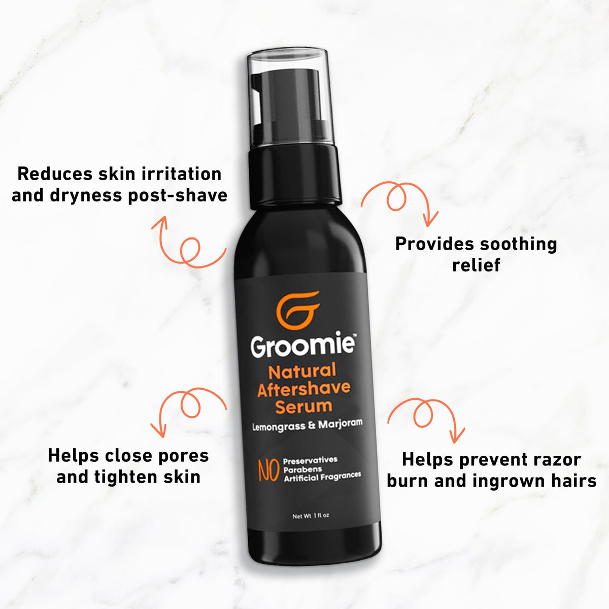 Groomie aftershave serum pump bottle illustrating the easy application process for head and face.