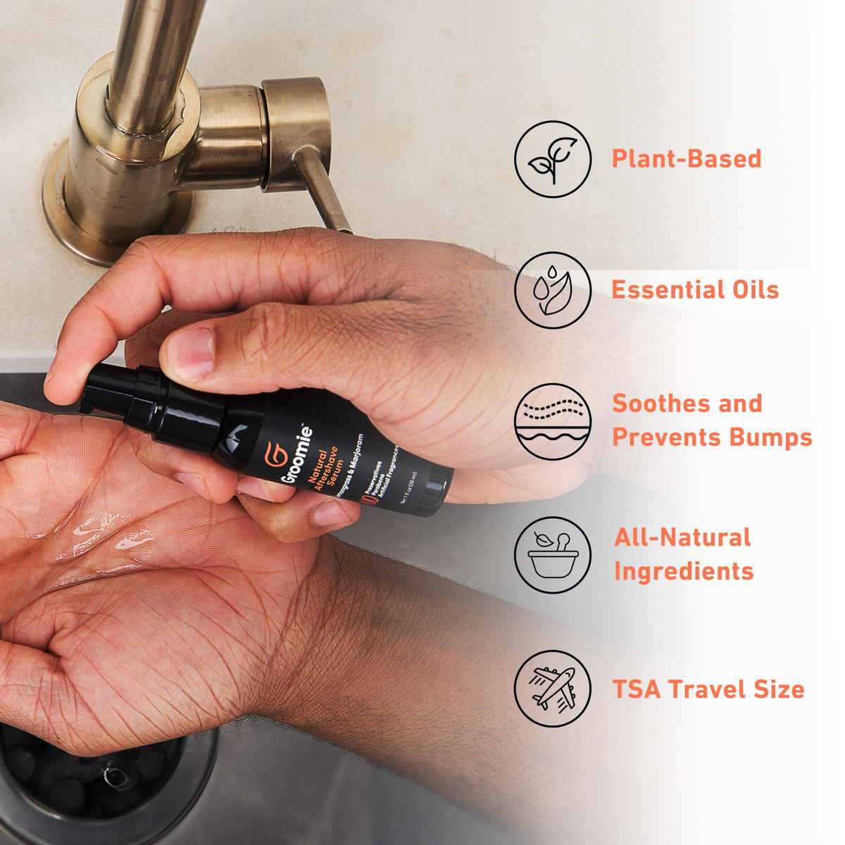 Compact travel friendly one ounce Groomie aftershave liquid bottle designed for men.