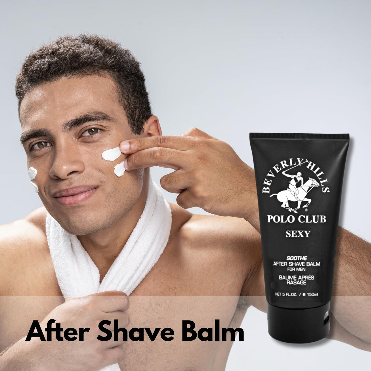 Beverly Hills Polo Club aquatic oriental scent after shave balm tube on plain background