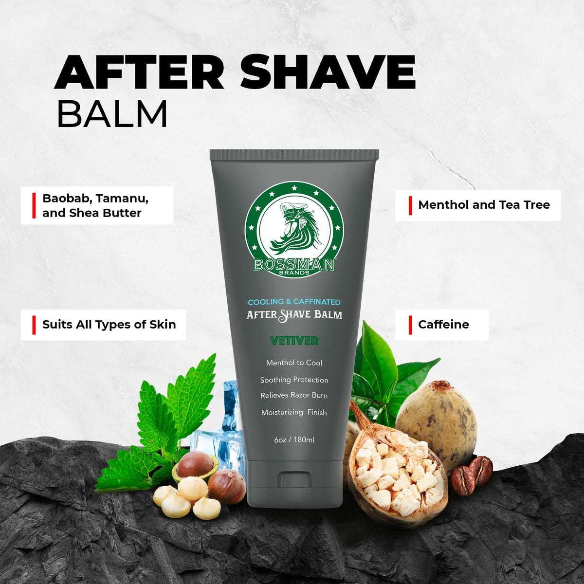 Bossman Vetiver X aftershave balm tube showcasing natural ingredients like menthol and caffeine