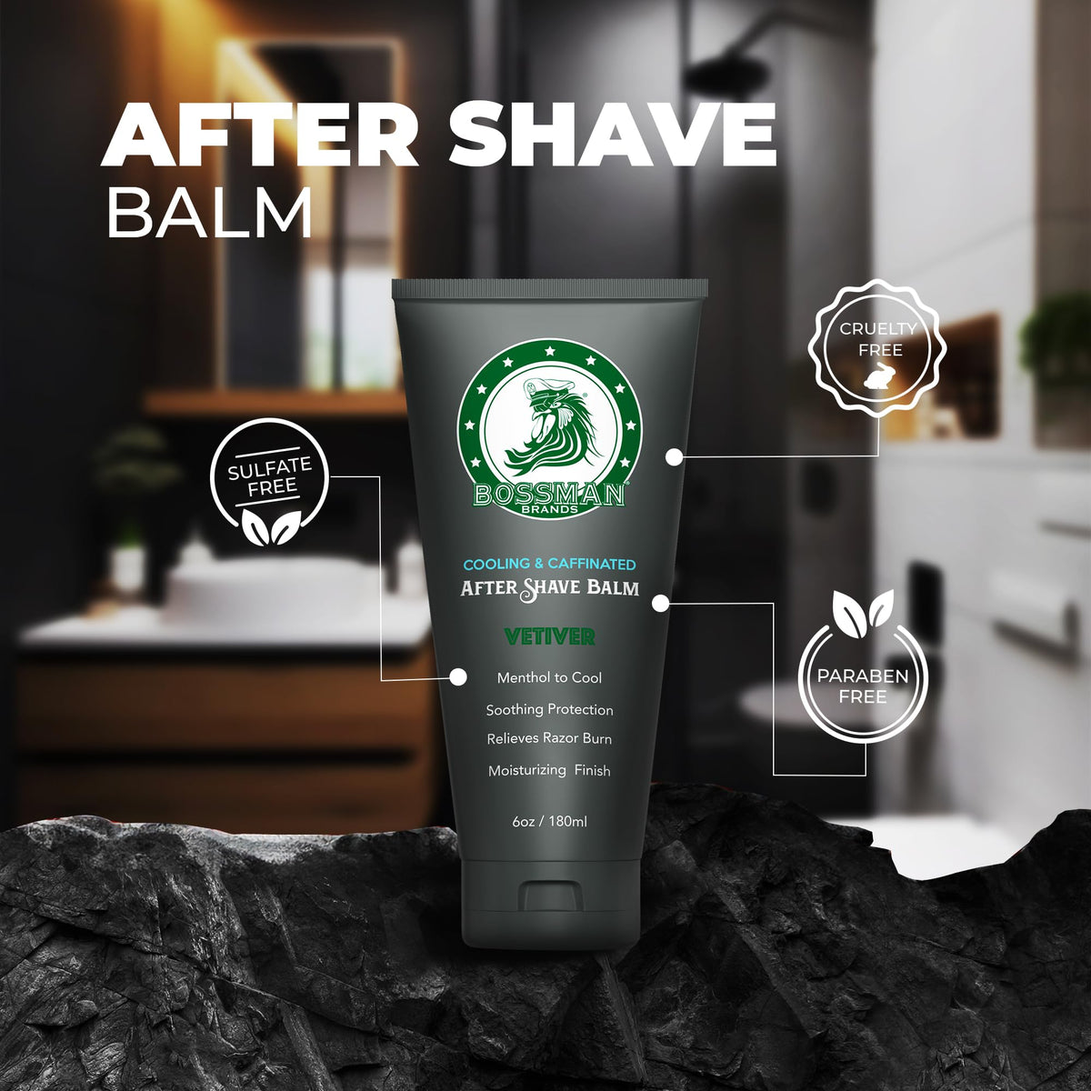 Bossman 6 fluid ounce after shave balm packaging showing premium men's skincare benefits