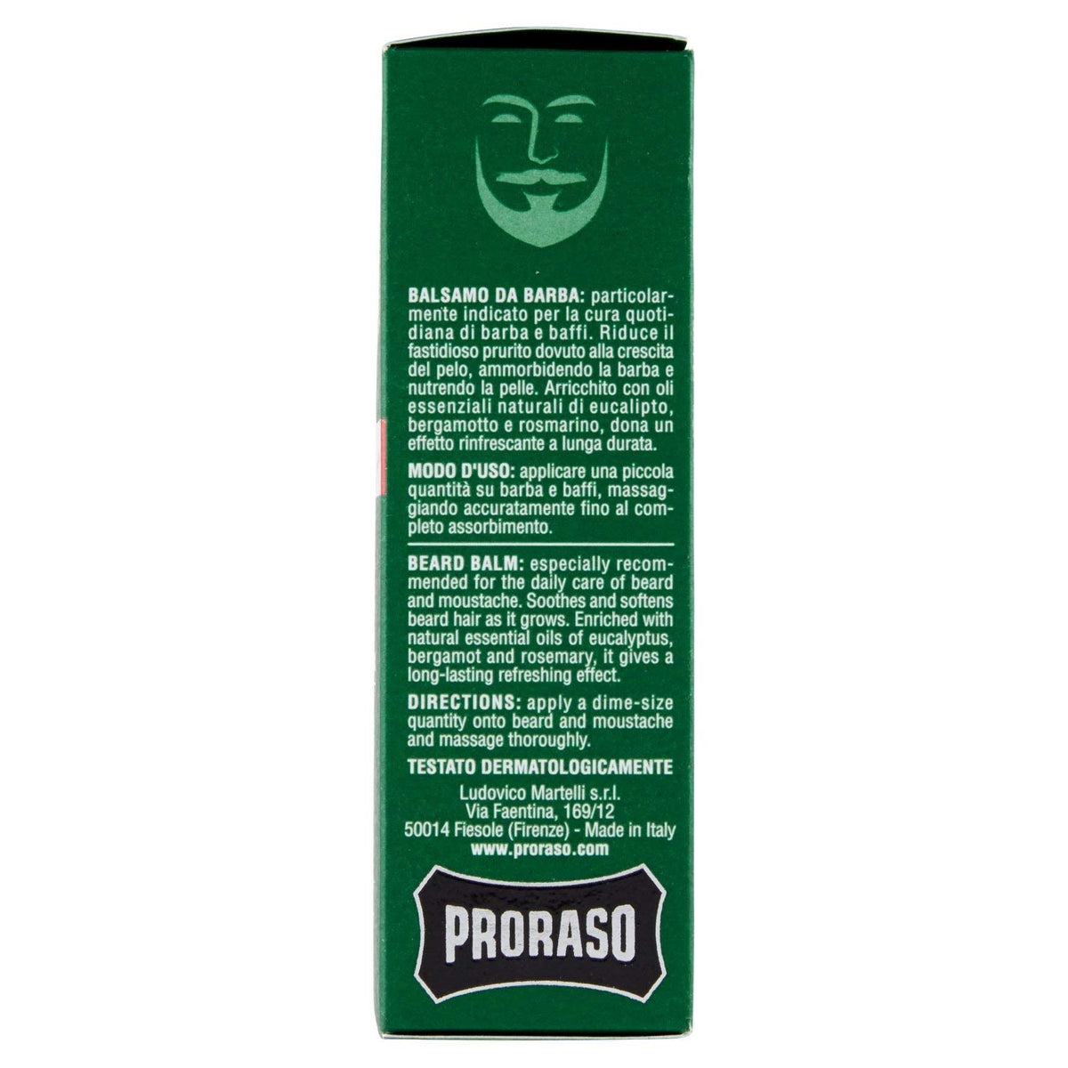 Back label of Proraso beard balsam showing Italian manufacturing details