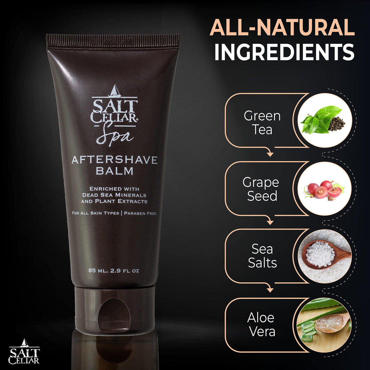 Salt Cellar natural men's grooming after shave balm tube showcasing product size details