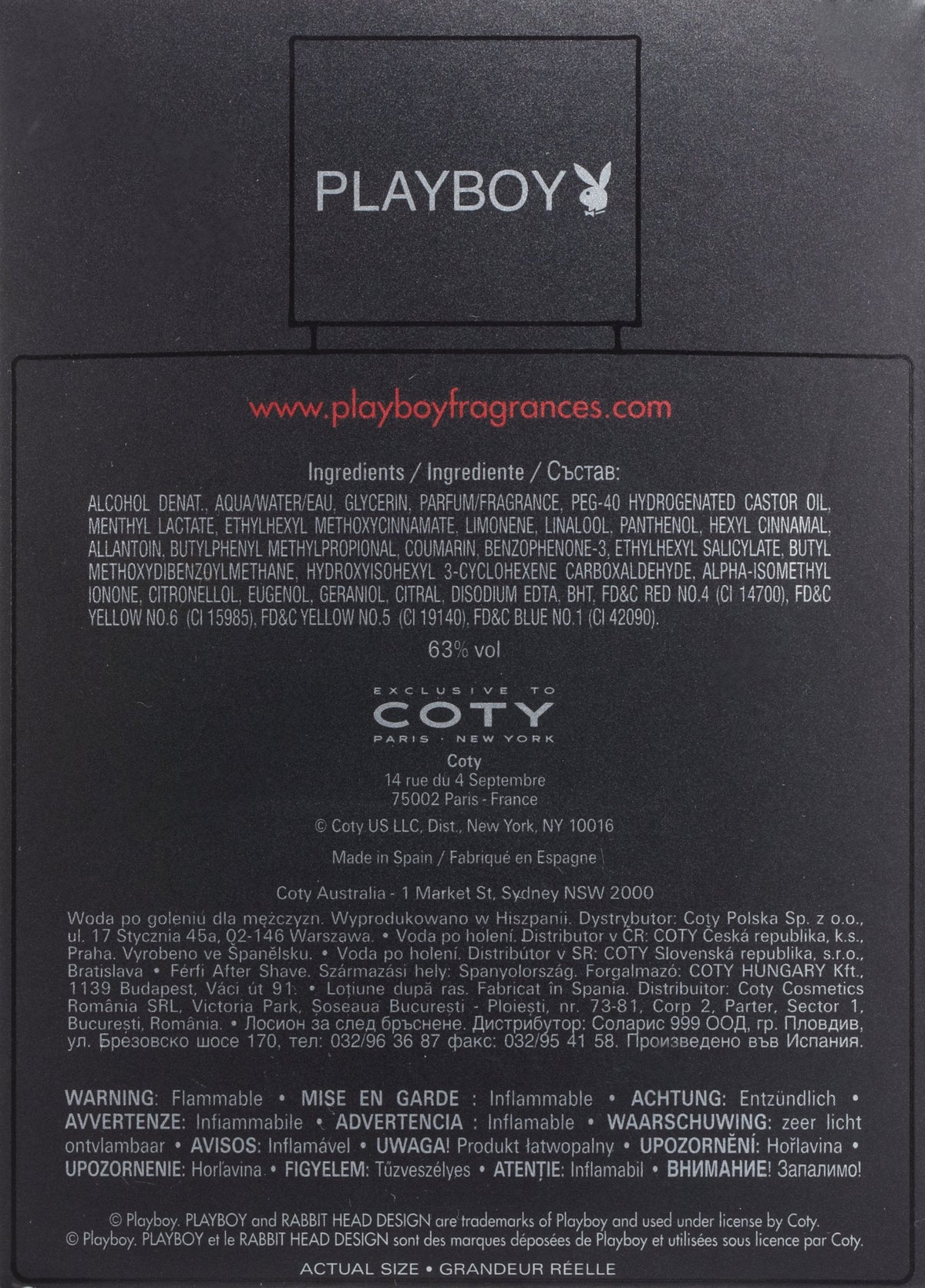 Imported Playboy Vegas men's aftershave splash displaying ingredients and batch code