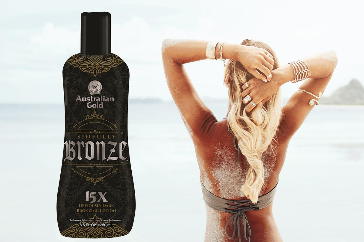 Authentic Australian Gold tanning lotion bottle with black damask design