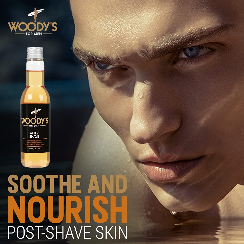 Imported Woody's aftershave lotion bottle displaying fluid ounce size details.