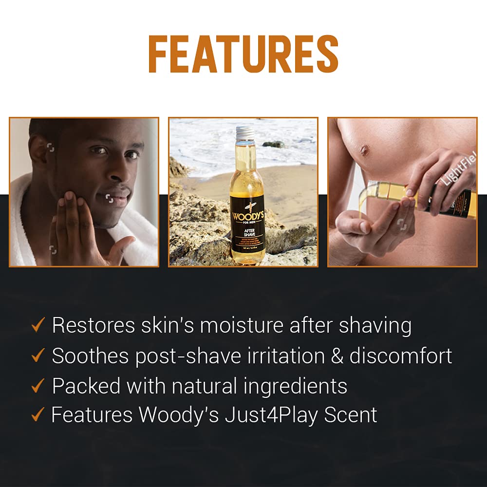 Woody's men's post shave liquid solution for reducing razor burn and skin redness.
