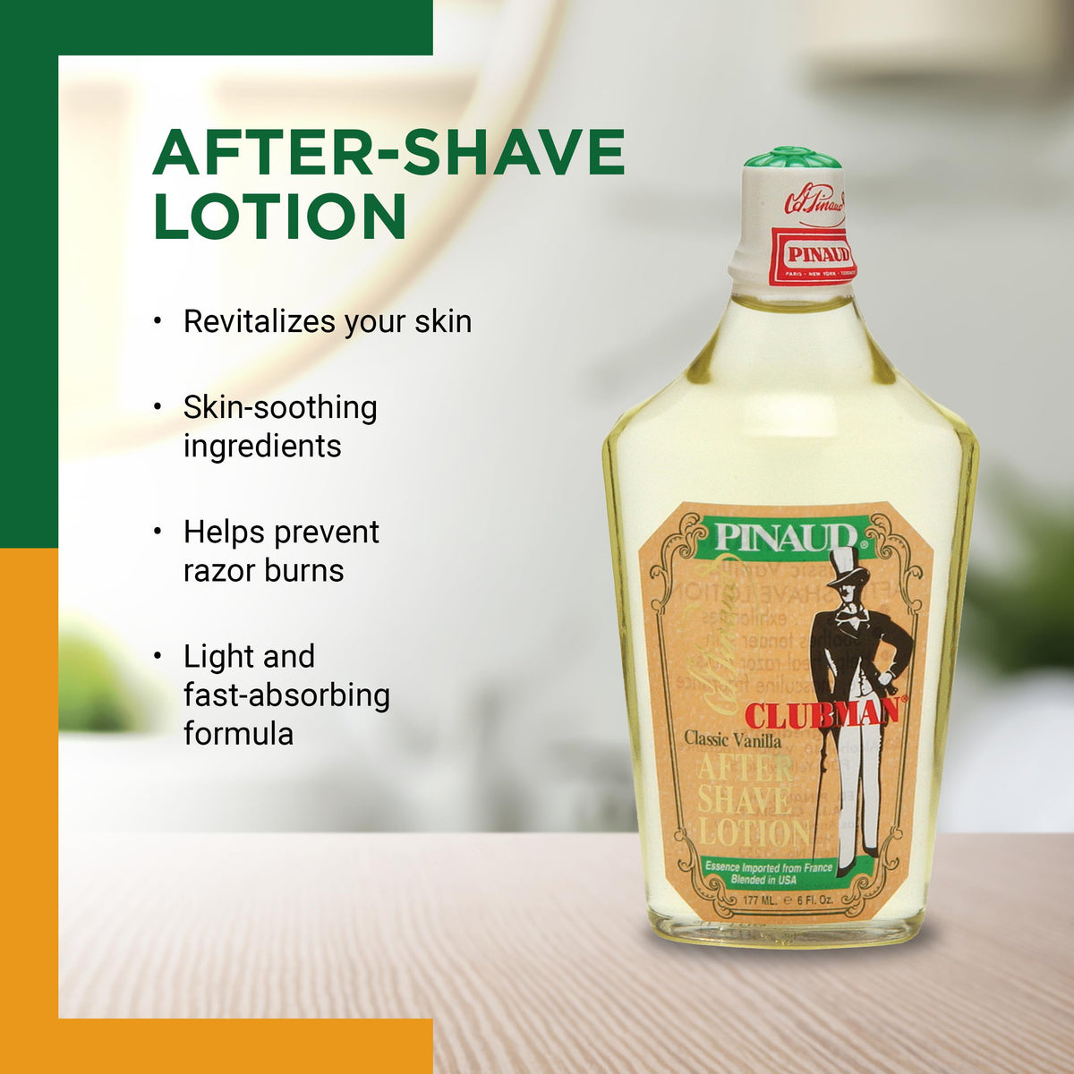 Back label of Clubman Pinaud Vanilla aftershave showing the official ingredients list and directions for use.